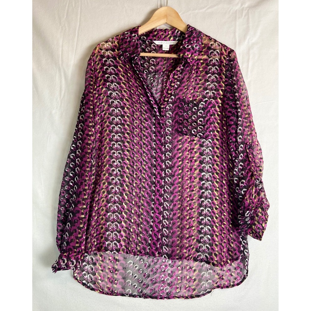 Diane von Furstenberg Women Sheer Silk Blend Chiffon Blouse 8 Abstract Print